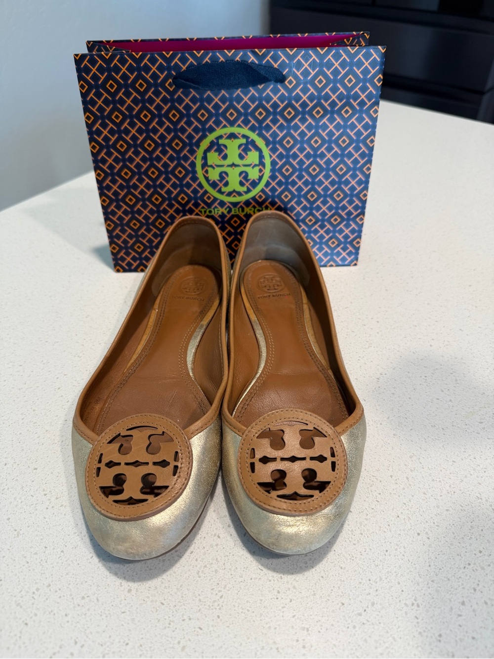 Tory Burch Gold Leather Ballet Flats with Tan Logo Medallions